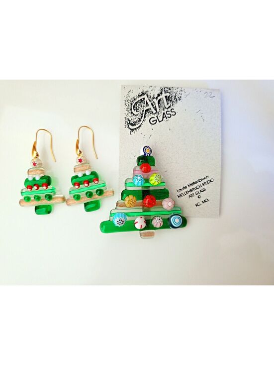 Jewelry - Vintage Glass Christmas Tree Glass Art Brooch & Earring Lot